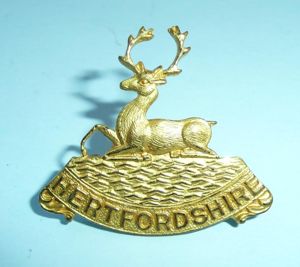 Hertfordshire Regiment Frosted Gilt Officer's Collar Badge , Hart facing …