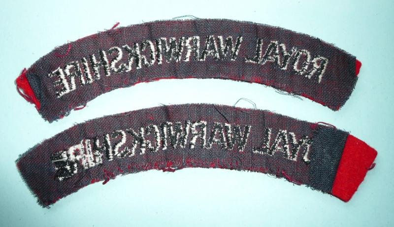 Royal Warwickshire Regiment Pair of Embroidered White on Red Cloth Shoulder Titles — image 2