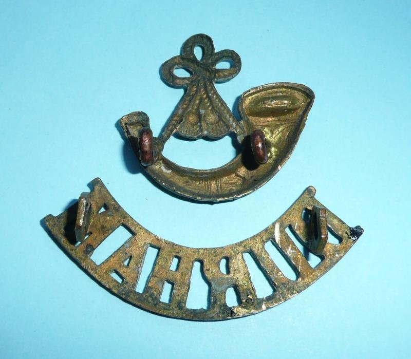 WW1 Durham Light Infantry (DLI) Two Part Brass Shoulder Title — image 2
