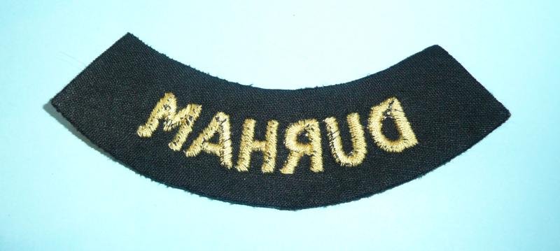 WW2 Civil Defence Corps County Durham Woven Yellow on Black Felt Cloth Shoulder Title — image 2