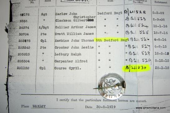 WW1 Silver War Badge (SWB) Number B211530 - 5th Bedford Regiment - Corporal Cyril Course — image 3