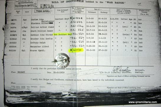 WW1 Silver War Badge (SWB) Number B211530 - 5th Bedford Regiment - Corporal Cyril Course — image 4