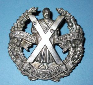 Queens Own Cameron Highlanders (Liverpool Scottish) White Metal Cap Badge
