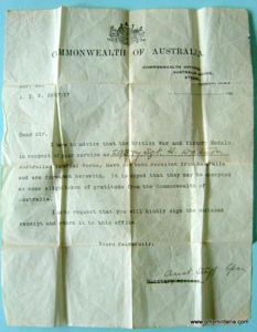 WW1 ORIGINAL AUSTRALIAN IMPERIAL FORCE MEDAL SLIP Letter - 29377 …