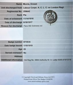 WW1 Silver War Badge (SWB) to Private Ernest Morris, Labour …