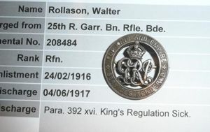 WW1 Silver War Badge (SWB) to Rifleman Walter Rollason, 25th …