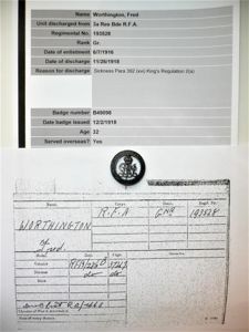 WW1 Silver War Badge (SWB) to Fred Worthington, Royal Field …