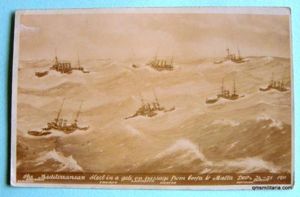 Artist impression Postcard, depicting the Royal Navy Mediterranean Fleet in …