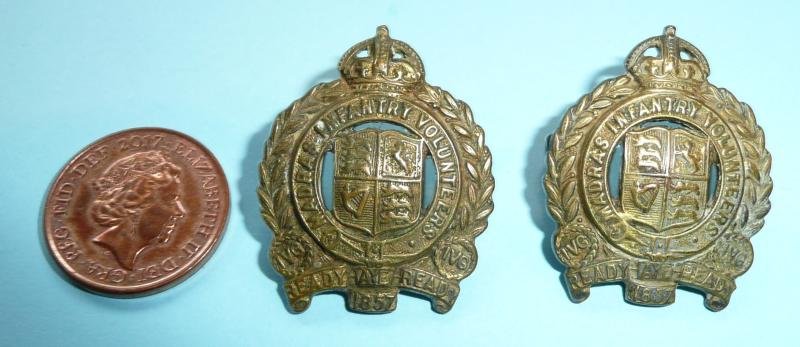 Indian Army (AFI) - 1st Madras Volunteer Guards / Infantry Volunteers Officer's Matched Pair of Gilt Brass Collar Badges, King's Crown — image 2