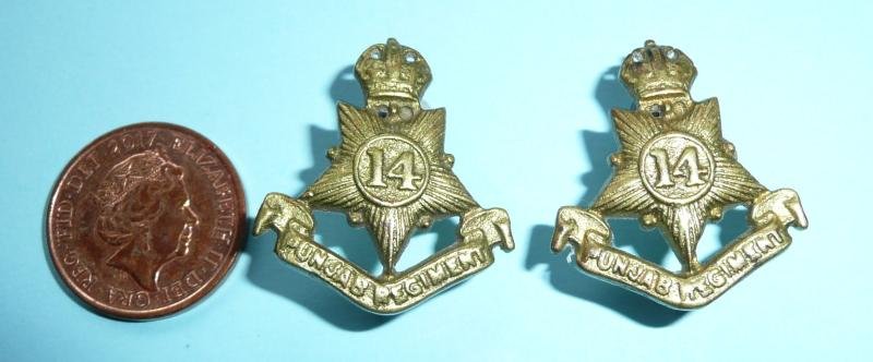 British Indian Army - 14th Punjab Regiment Matched Pair of Cast Brass Collar Badges, King's Crown — image 2