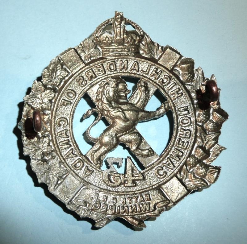 WW1 Canada - 43rd CEF (Winnipeg) Cameron Highlanders of Canada White Metal Glengarry Cap Badge — image 2