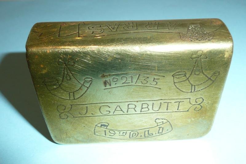 WW1 John V. Garbutt 19th Durhams DLI sheet brass match cover trench art — image 2