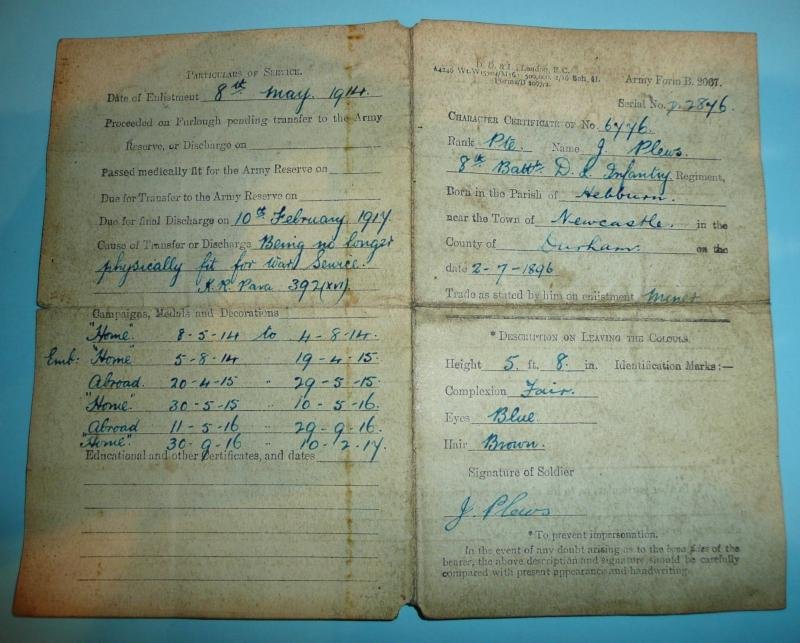 WW1 Silver War Badge (SWB) Award Document Plus Discharge Certificate to Pte John Plews, 8th (TF) Battalion Durham Light Infantry (DLI) — image 2