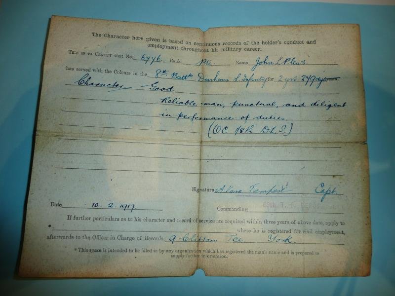 WW1 Silver War Badge (SWB) Award Document Plus Discharge Certificate to Pte John Plews, 8th (TF) Battalion Durham Light Infantry (DLI) — image 3