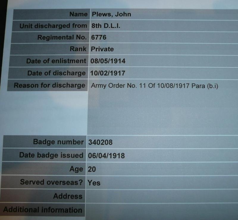 WW1 Silver War Badge (SWB) Award Document Plus Discharge Certificate to Pte John Plews, 8th (TF) Battalion Durham Light Infantry (DLI) — image 5