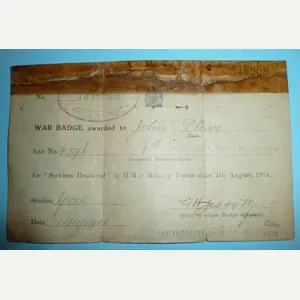 WW1 Silver War Badge (SWB) Award Document Plus Discharge Certificate …