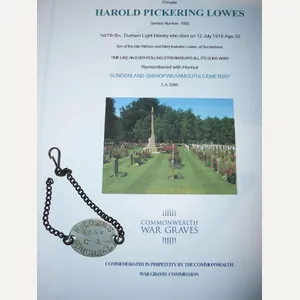 WW1 ID Identity Disc Pte Harold Pickering Lowes, 1/7th Battalion …