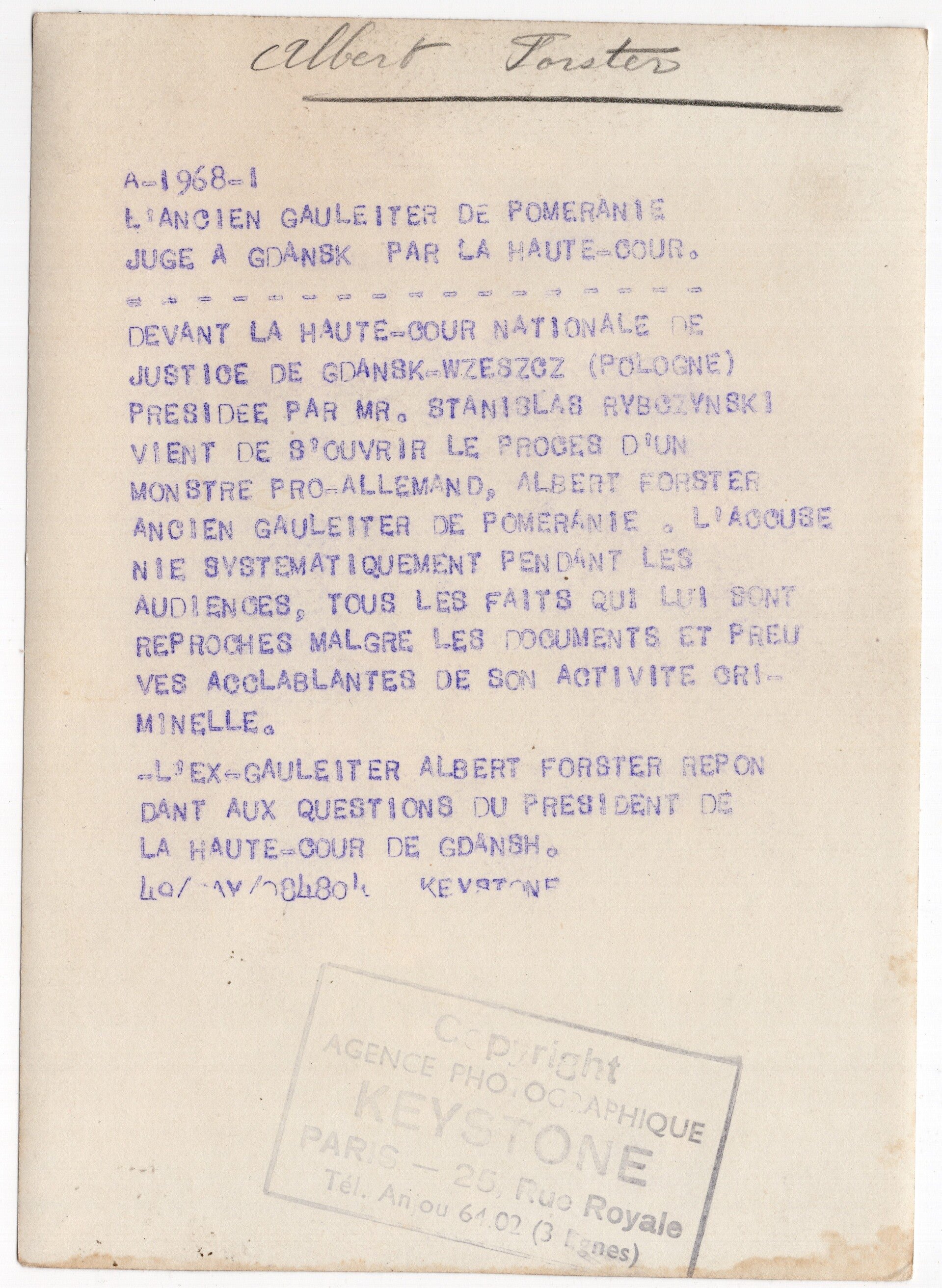 Original WW2 French Press Photo - Gauleiter Danzig, Albert Forster on trial (1948) — image 2