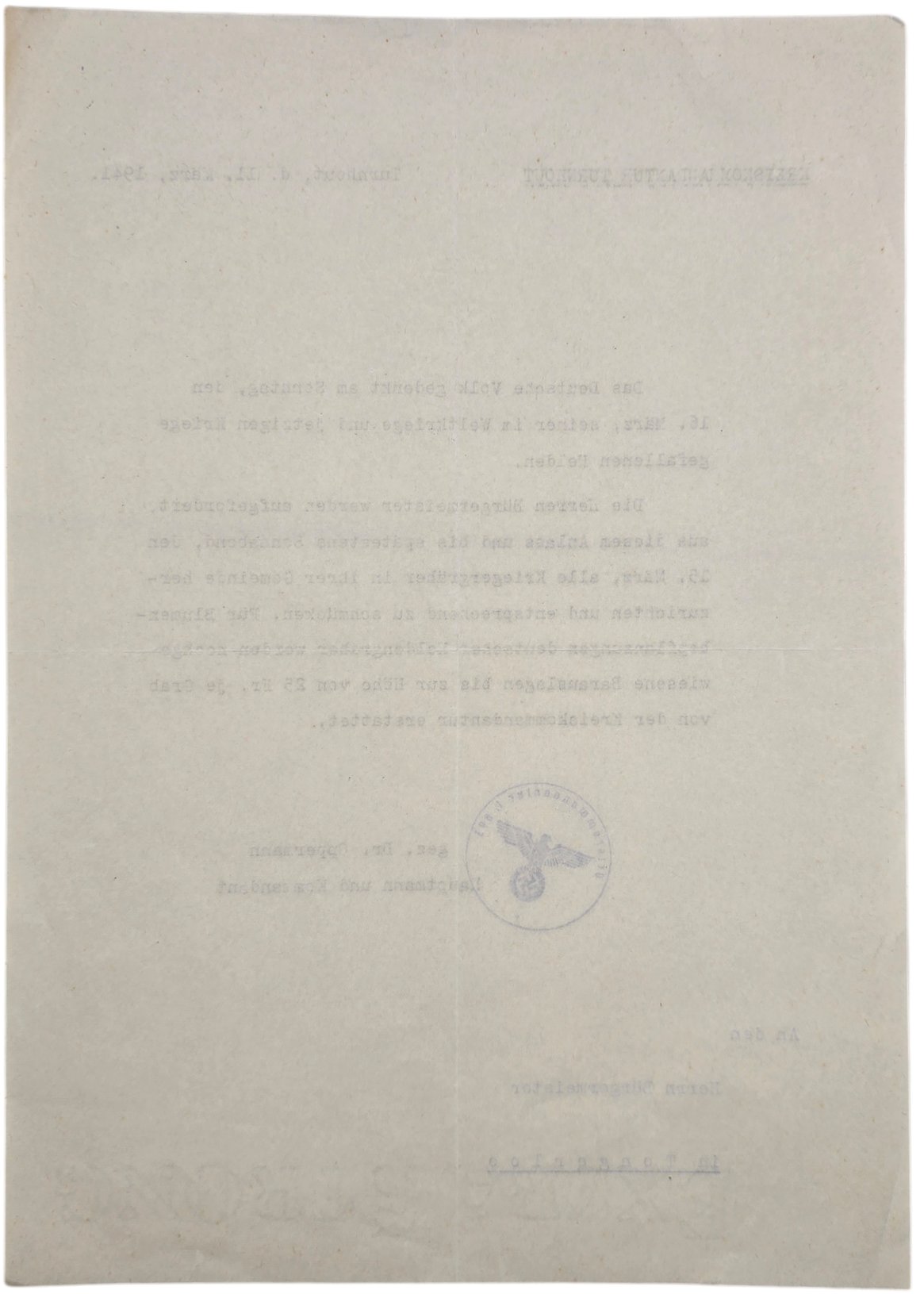 Original WW2 Belgian Document - Kreiskommandantur Turnhout remembering the fallen soldiers, Tongerloo (1941) — image 2