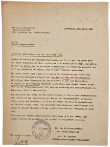 Original WW2 Belgian Document - Feldkommandantur 520 Antwerpen, order for …