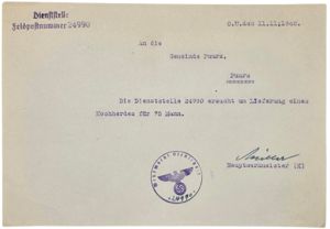Original WW2 Belgian Document - Werkstatt-Zug Panzer-Abteilung 67 cooking stoves, …
