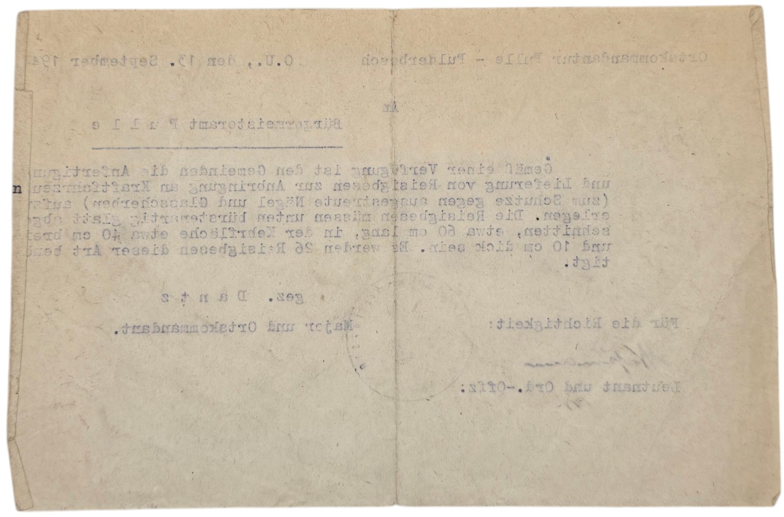 Original WW2 Belgian Document - Ortskommandantur Pulle Pulderbosch, Major Dantz (1944) — image 2