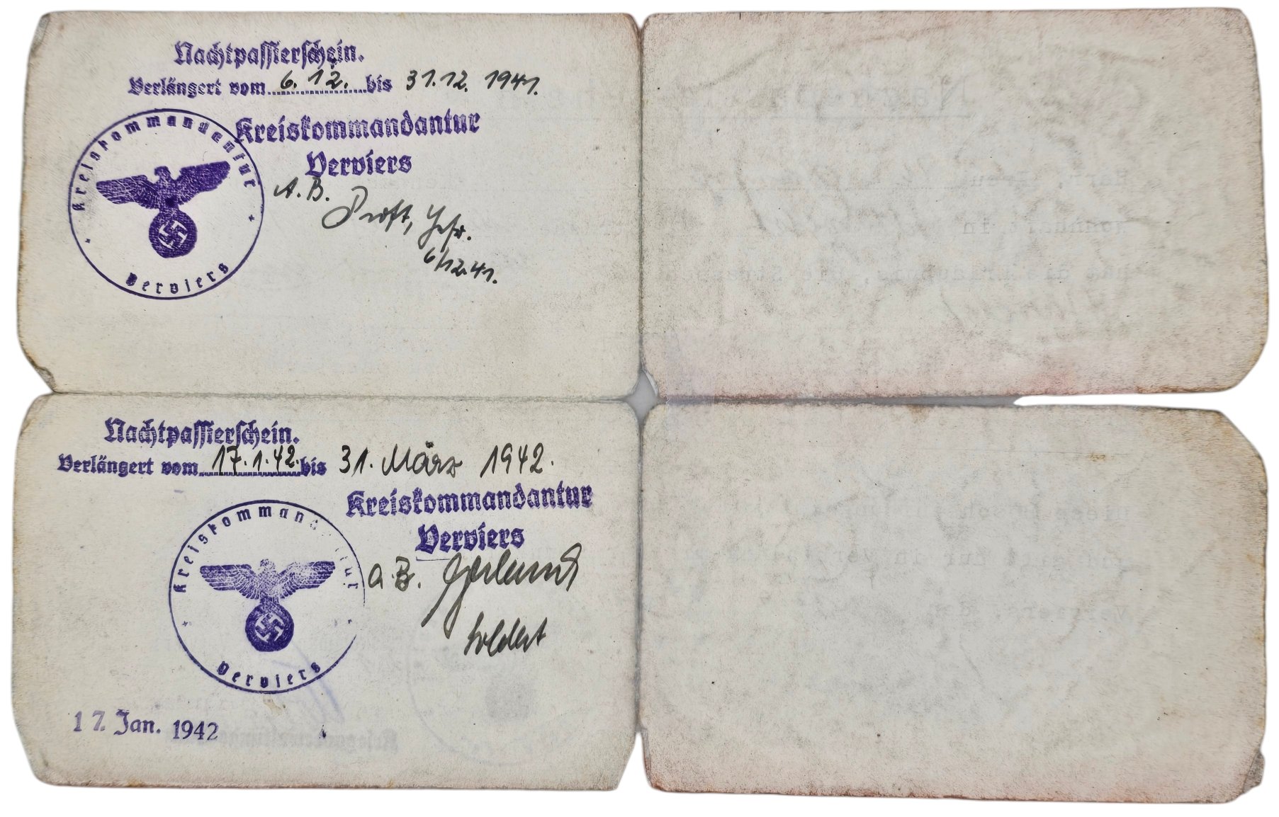 Original WW2 Belgian Document - Nachtpassierschein Stavelot, Verviers (1941) — image 2