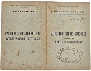 Original WW2 French Document - Luftschutz Passierschein during bombings, Lille, …