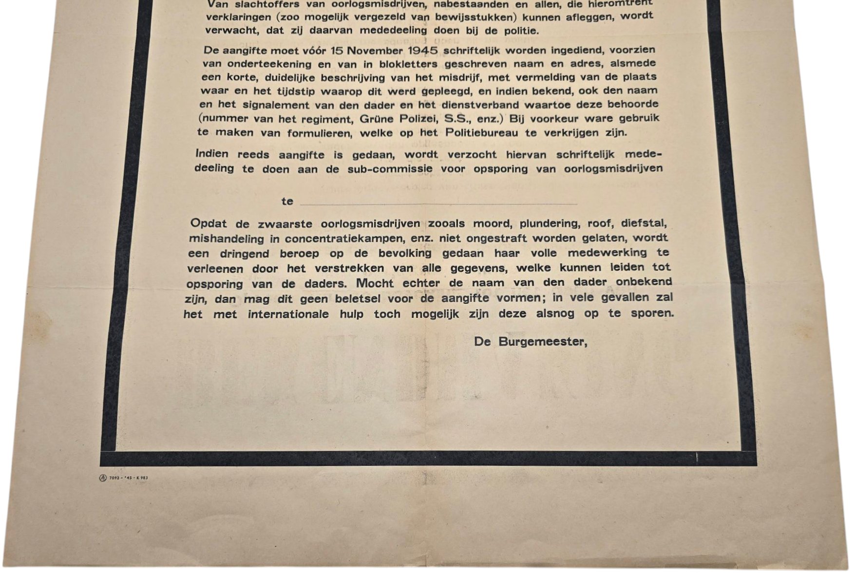Original WW2 Dutch Liberation Poster - Notice to report all German war crimes (1945) — image 3