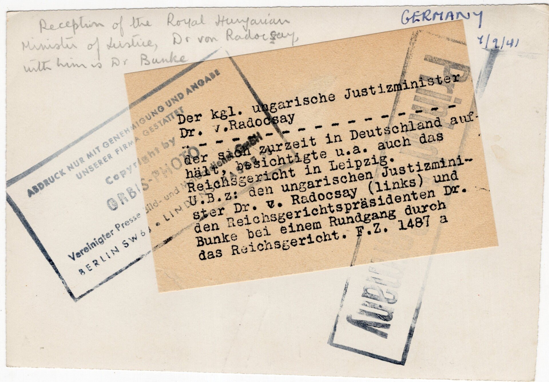 Original WW2 German Press Photo - Hungarian minister Dr. v. Radocsay with Dr. Bunke, Leipzig (1941) — image 2