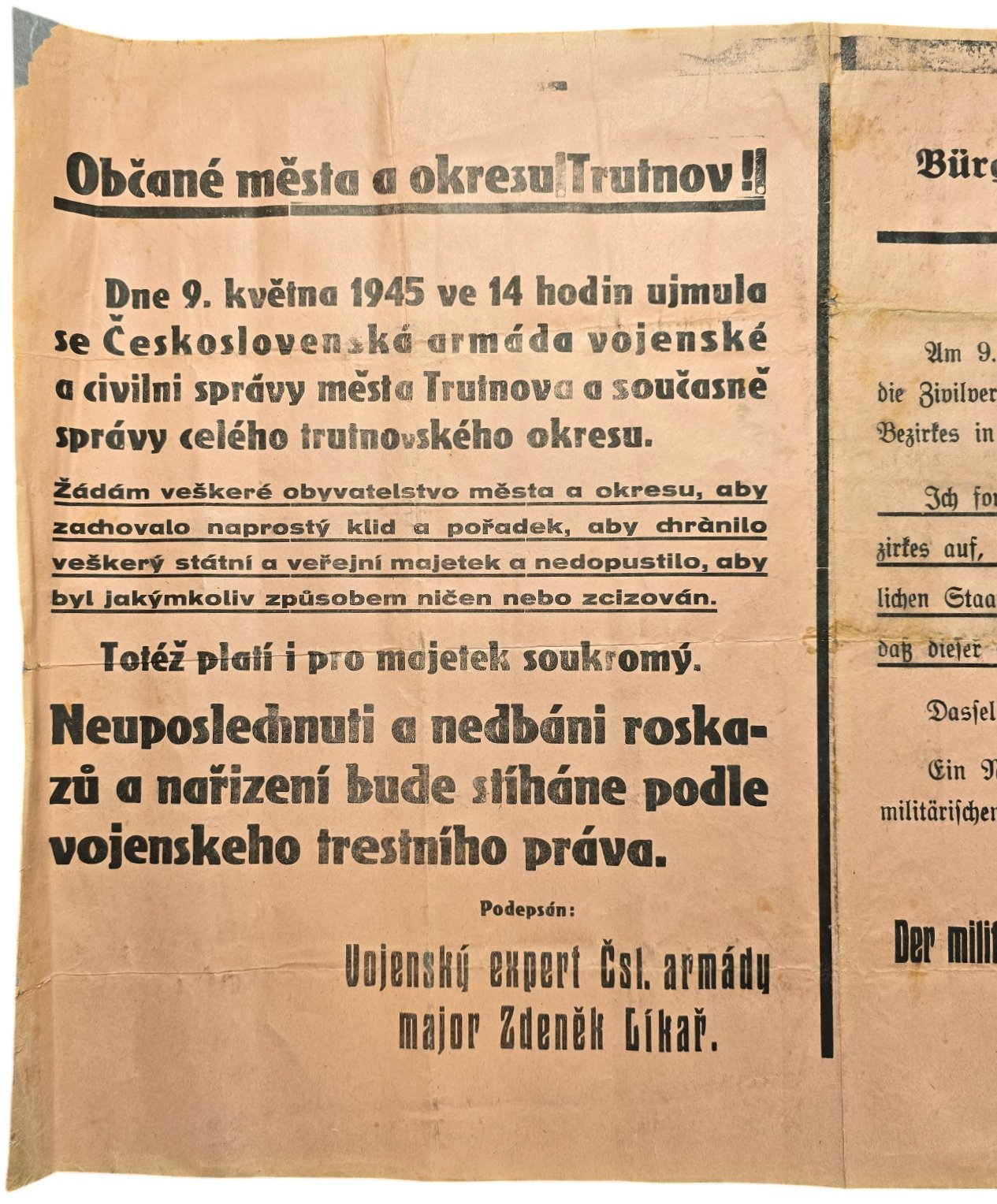 Original WW2 Czech Poster - Liberation of Trutnov, Czechoslovakia, Major Zdenek Likar (1945) — image 2