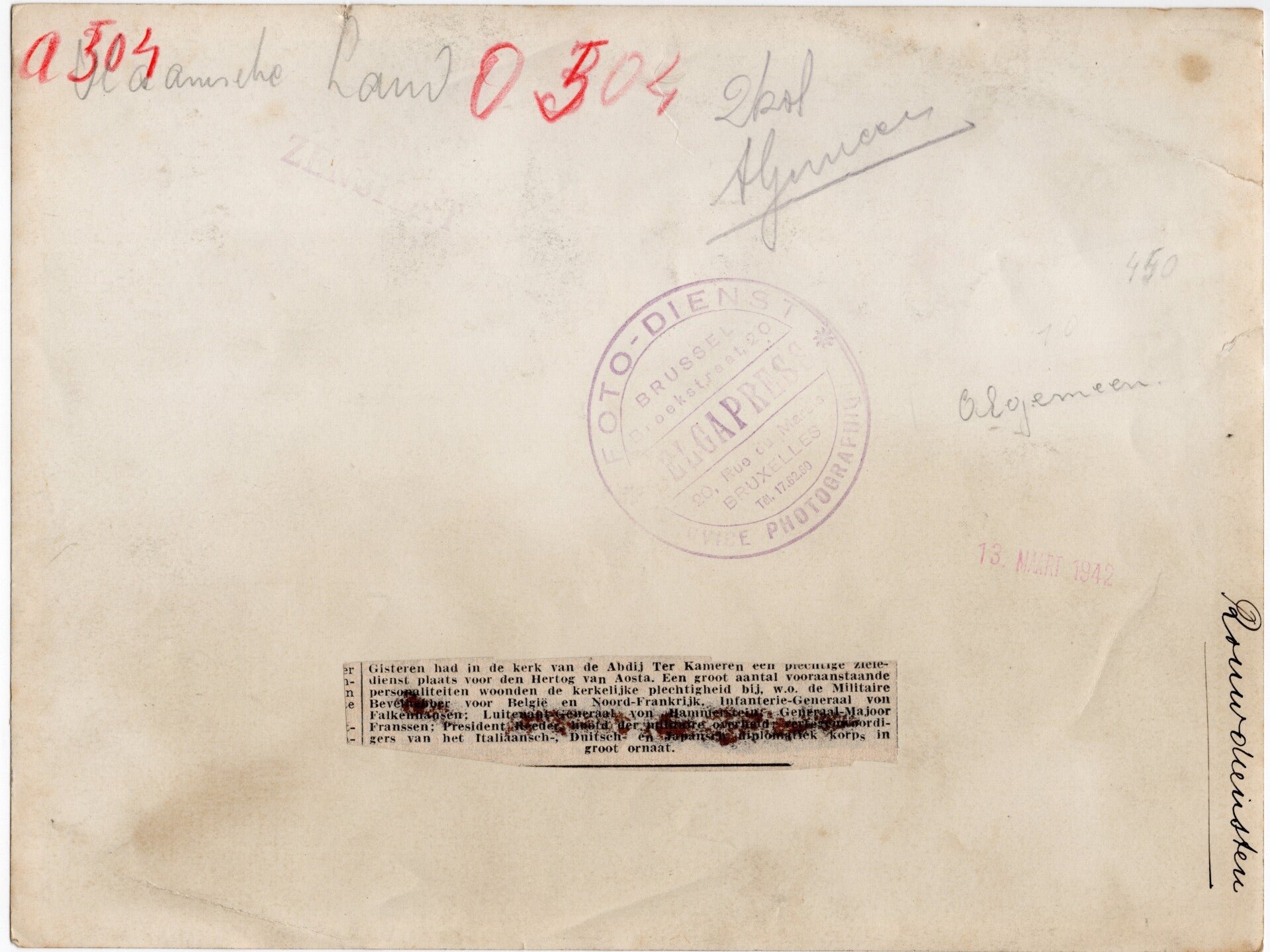 Original WW2 Flemish Press Photo - Funeral service with General von Falkenhausen and von Hammerstein, Brussels, België (1942) — image 2