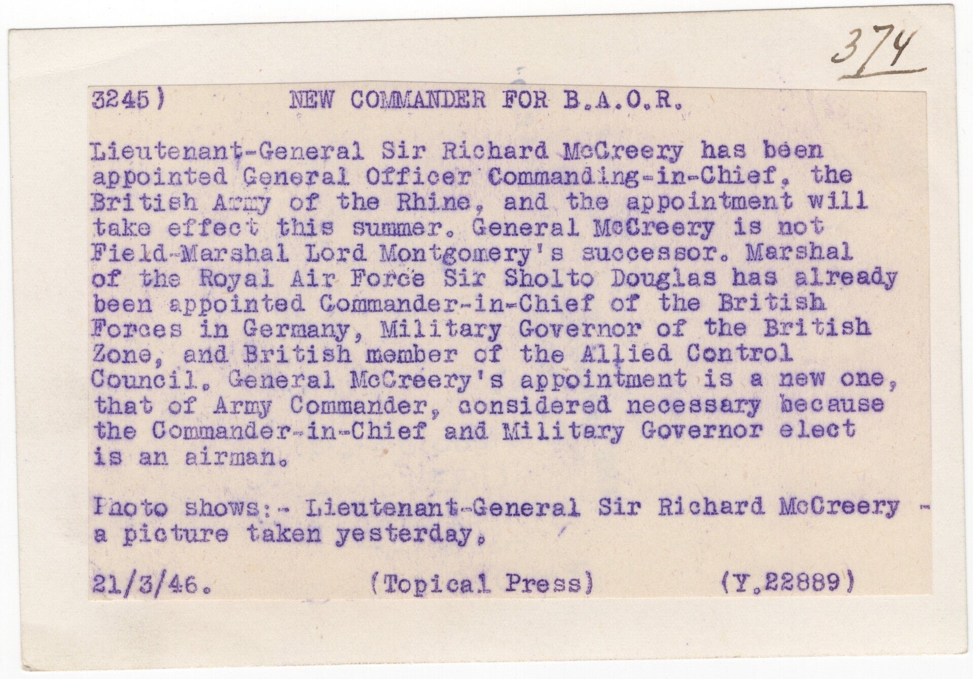 Original WW2 British Press Photo - General Officer Commanding-in-Chief Sir Richard McCreery (1946) — image 2