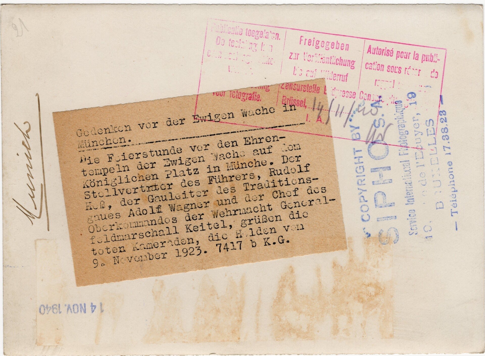 Original WW2 French Press Photo - General Wilhelm Keitel and Rudolf Hess honouring the dead of the Putsch, Munich (1940) — image 2