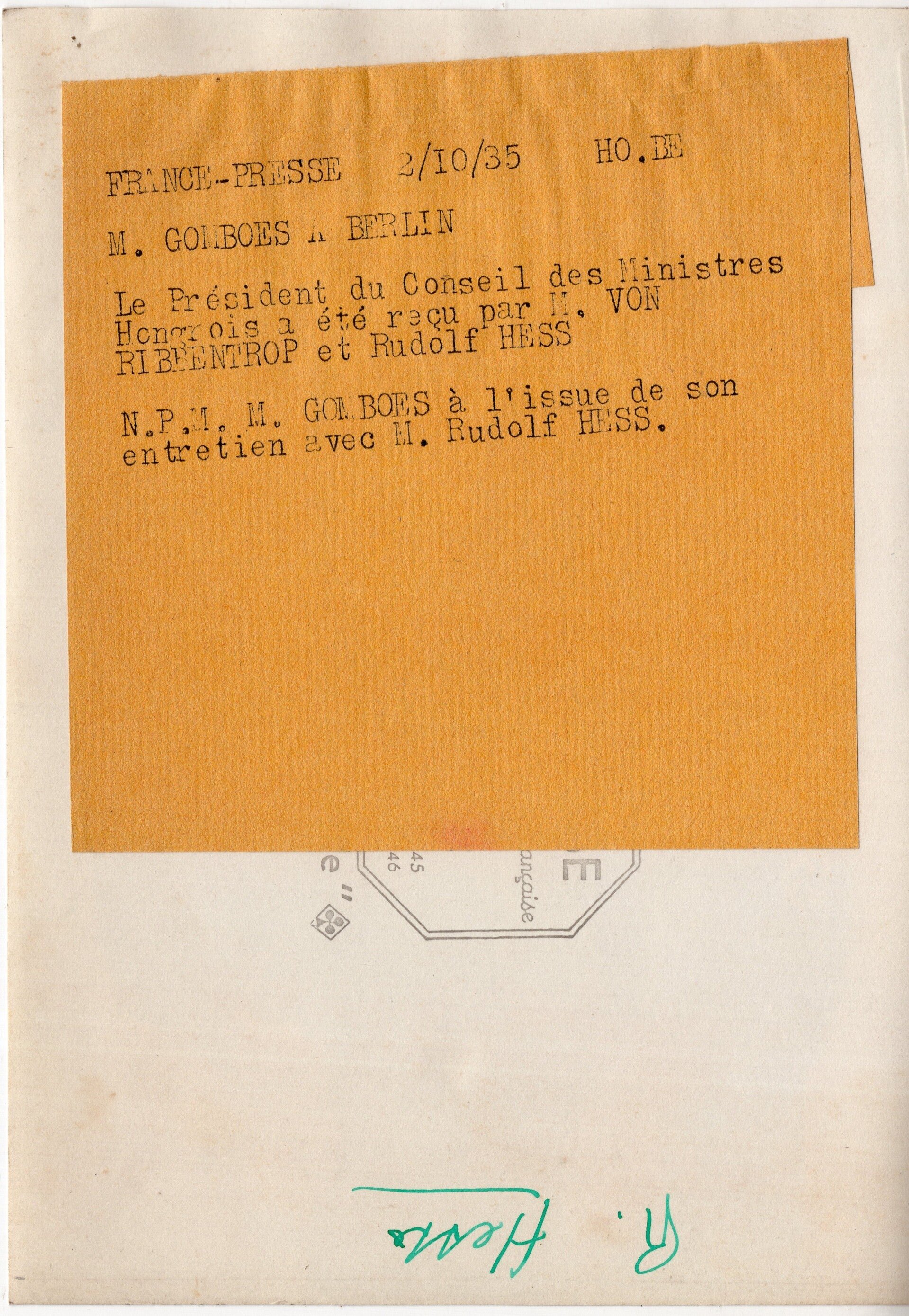 Original WW2 French Press Photo - Rudolf Hess with Hungarian minister Gyula Gömbös (1935) — image 2