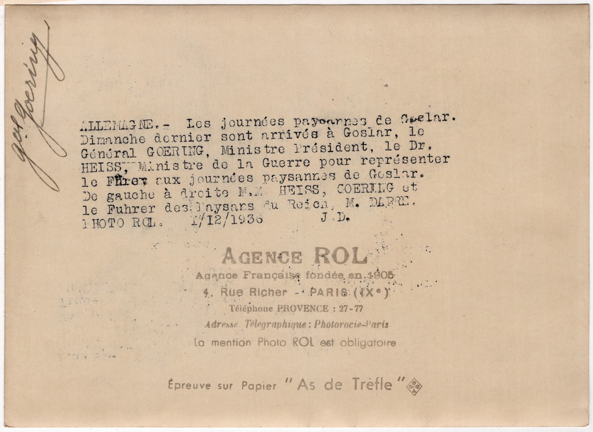 Original WW2 French Press Photo - Rudolf Hess with Hermann Göring and Walter Darré, Goslar (1936) — image 2