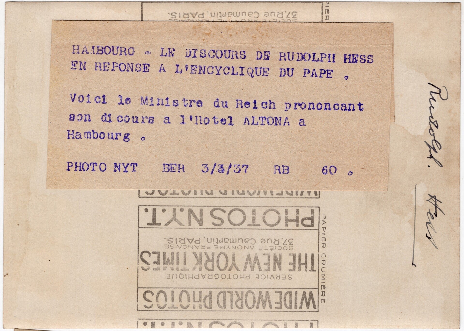 Original WW2 French Press Photo - Rudolf Hess speeching in Hamburg (1937) — image 2