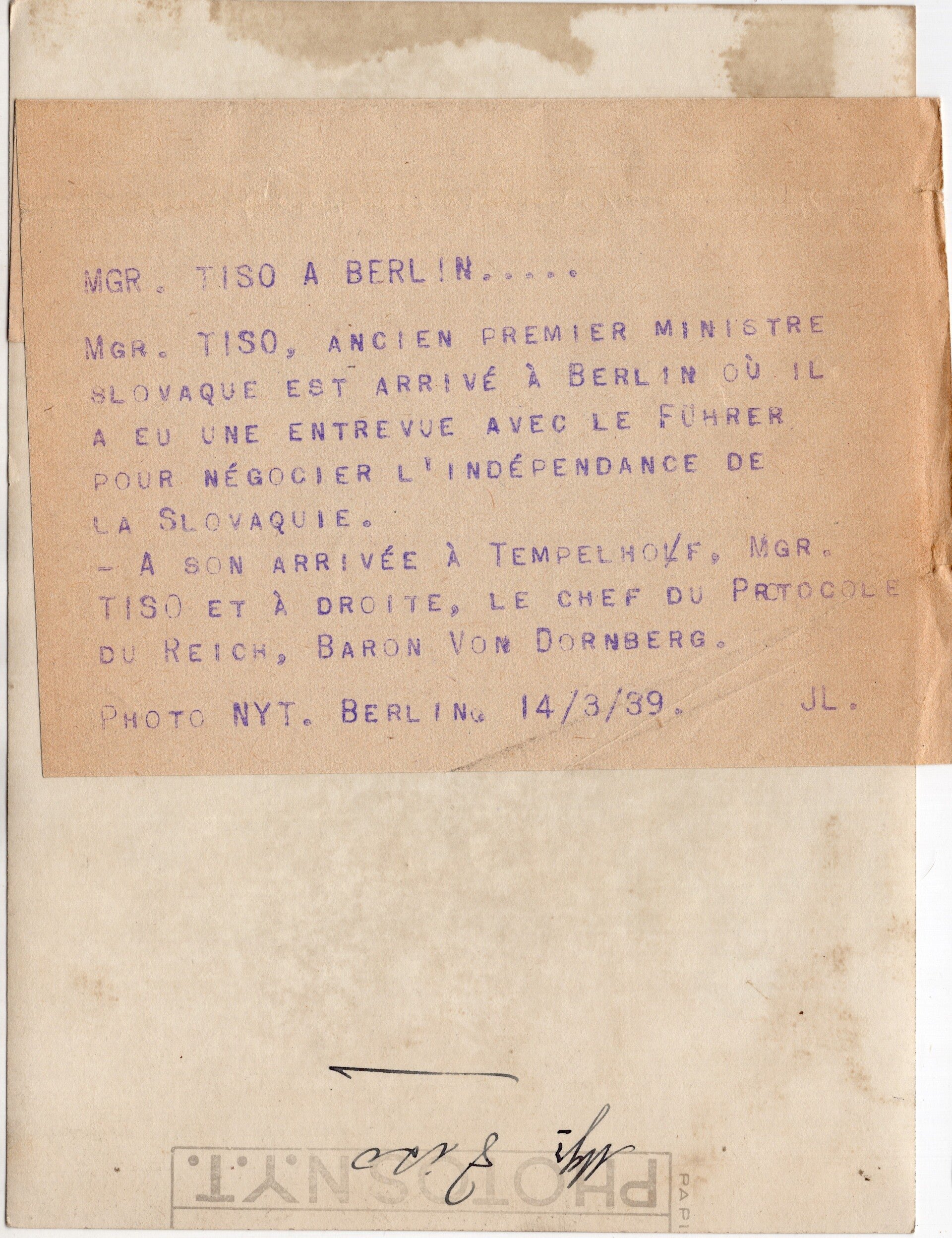 Original WW2 French Press Photo - President of Slovakia Jozef Tiso in Berlin (1939) — image 2