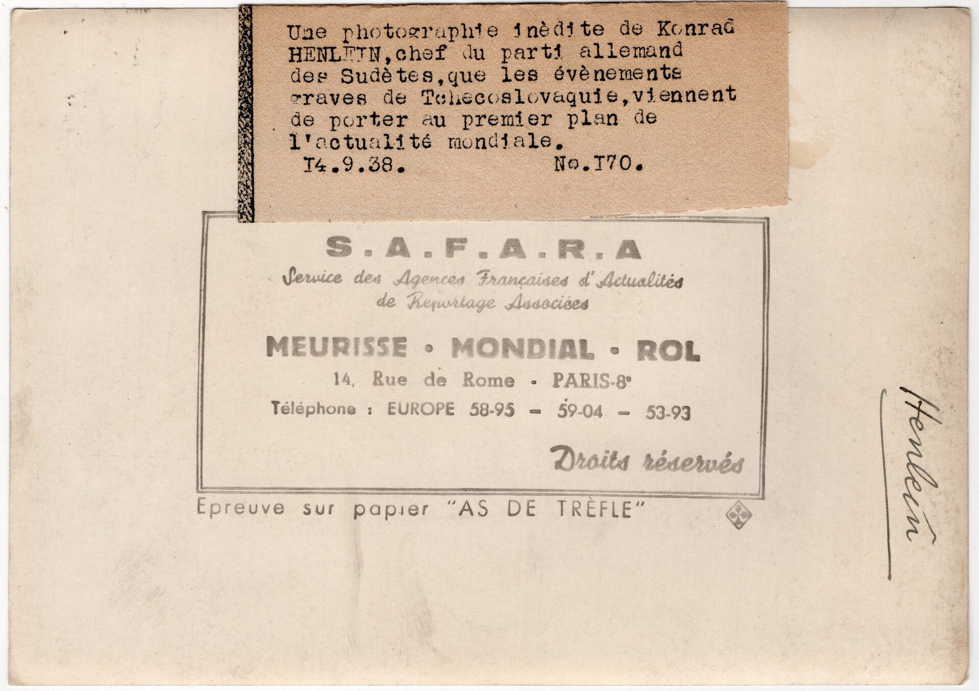 Original WW2 French Press Photo - Gauleiter Sudetenland, Konrad Henlein (1938) — image 2