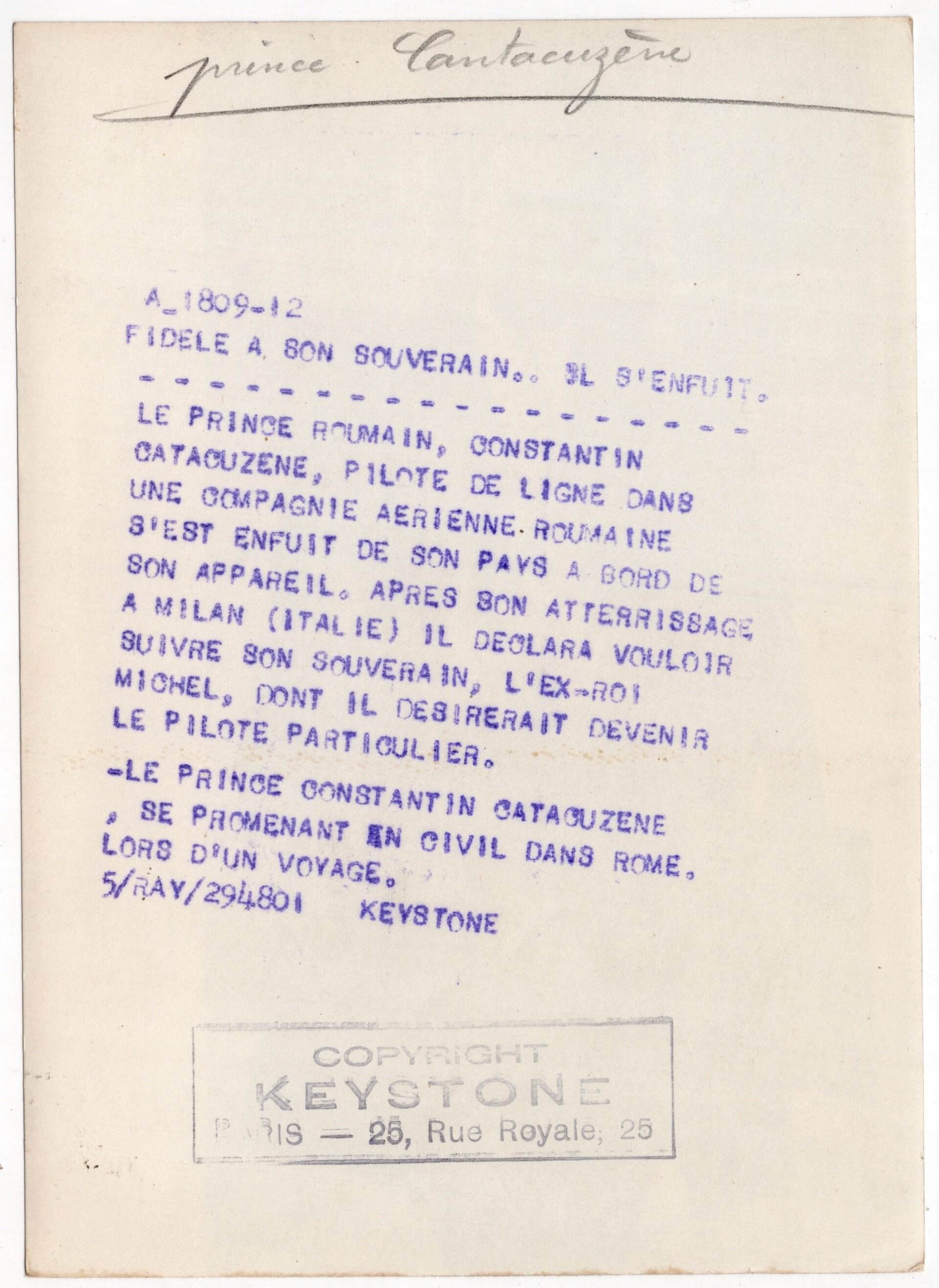 Original WW2 French Press Photo - Romanian Pilot Constantin Cantacuzino in Rome — image 2