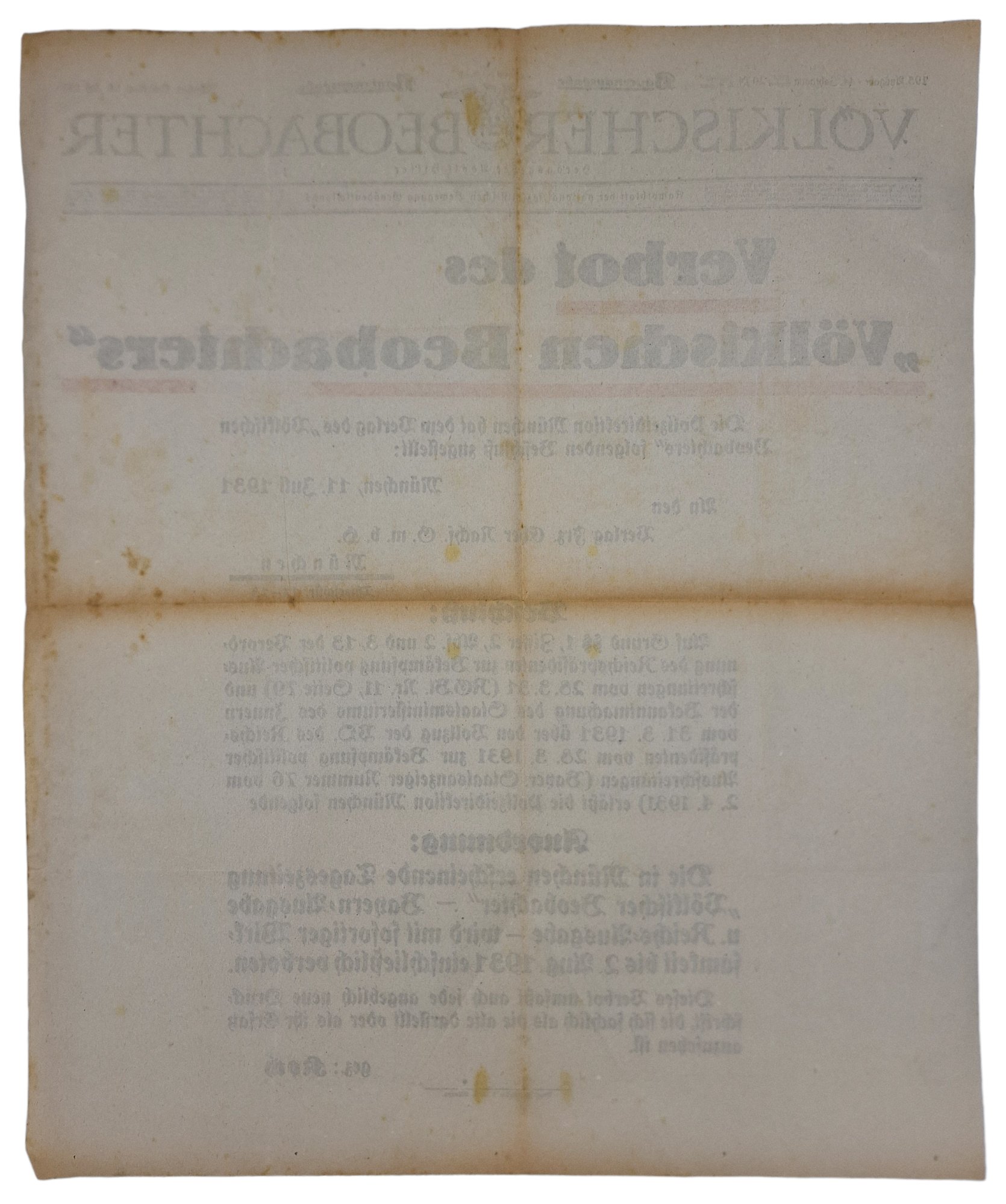 Original WW2 German Poster - Newspaper Volkischer Beobachter forbidden, 14th of July (1931) — image 2