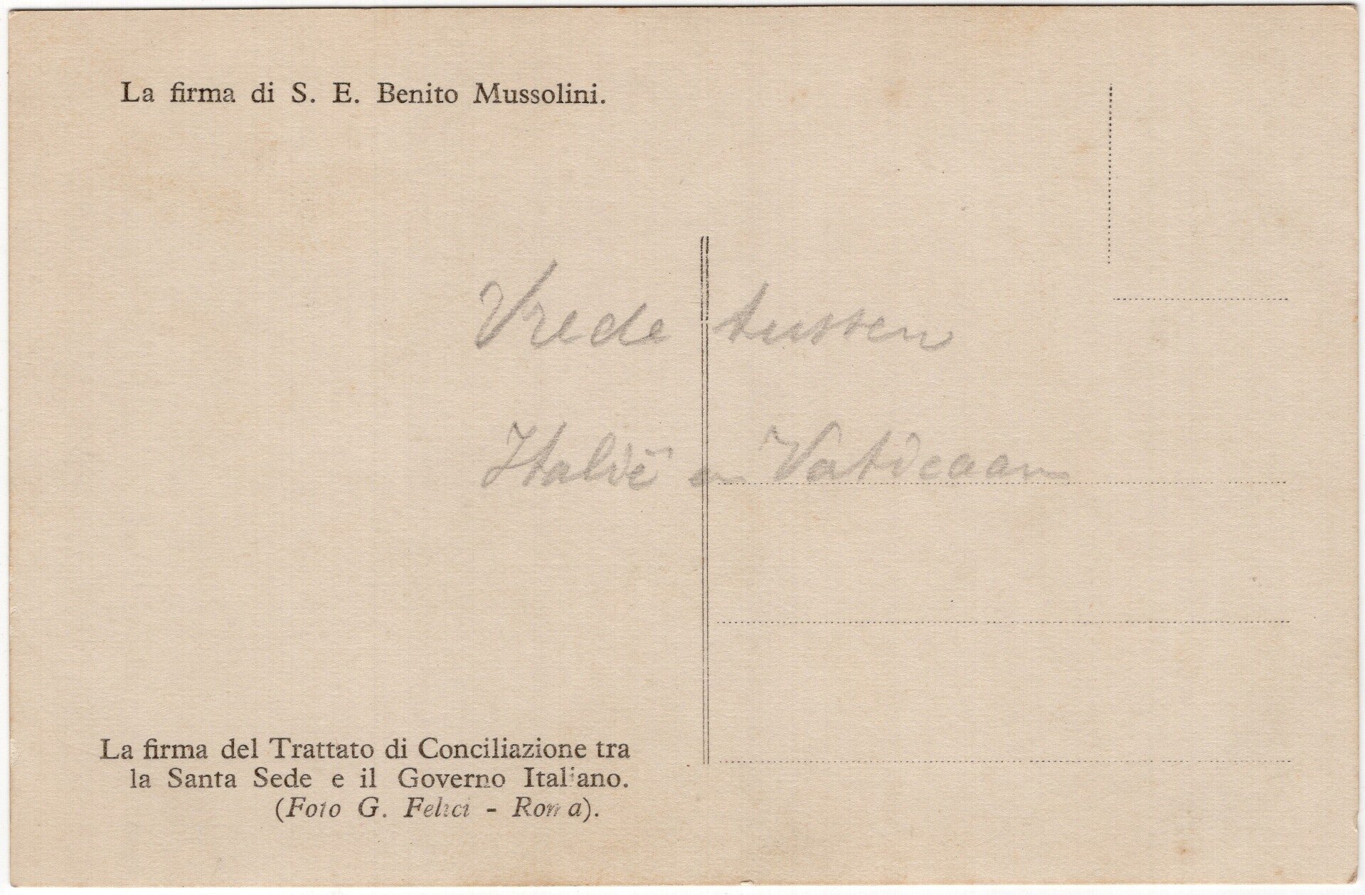 Original WW2 Italian Postcard - La firma di S. E. Benito Mussolini, Vatican (1929) — image 2