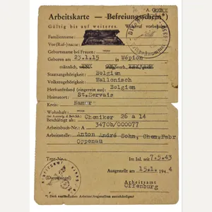 Original WW2 Belgian Document - Arbeitskarte St. Servais, Namur (1943)