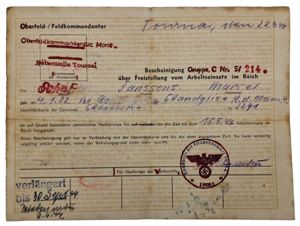 Original WW2 Belgian Document - Oberfeldkommandantur Mons Nebenstelle Tournai Bescheinigung …