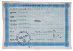 Bescheinigung Lemmer, Wieringermeer (1943)