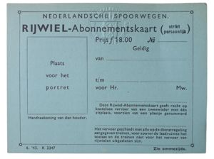 Unused NS Nederlandsche Spoorwegen bicycle subscription 1943