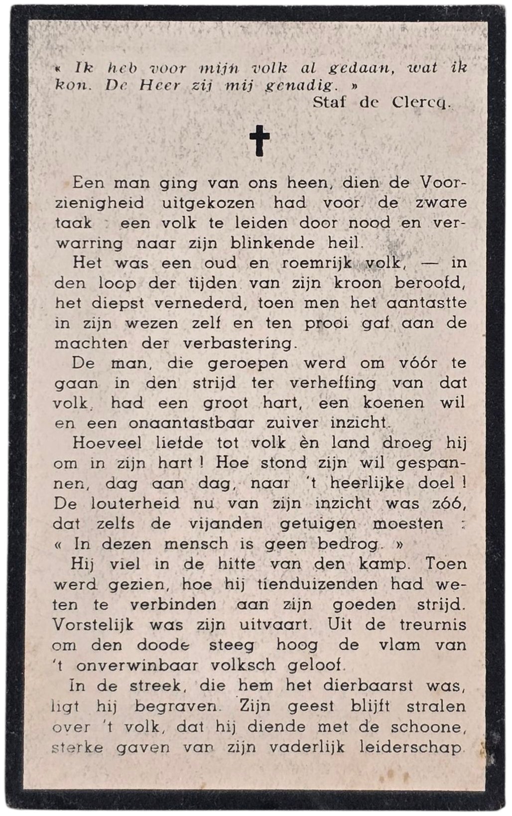 Original WW2 Flemish Collaboration VNV Document - Staf de Clercq death card (1942) — image 2