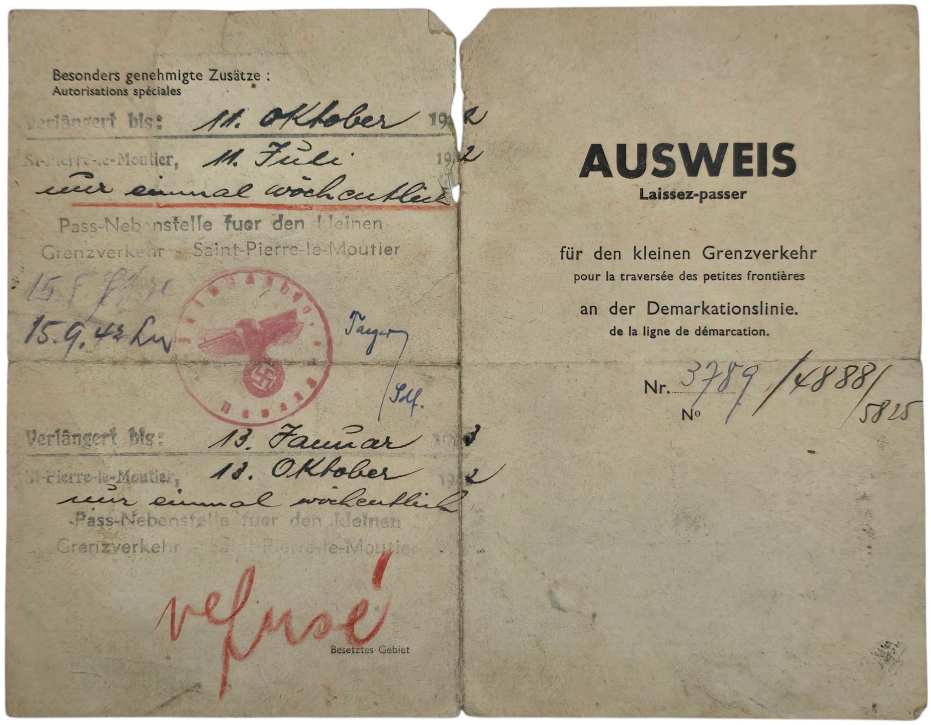 Original WW2 French Document - Ausweis an der Demarkationslinie, St Pierre, France (1942) — image 2
