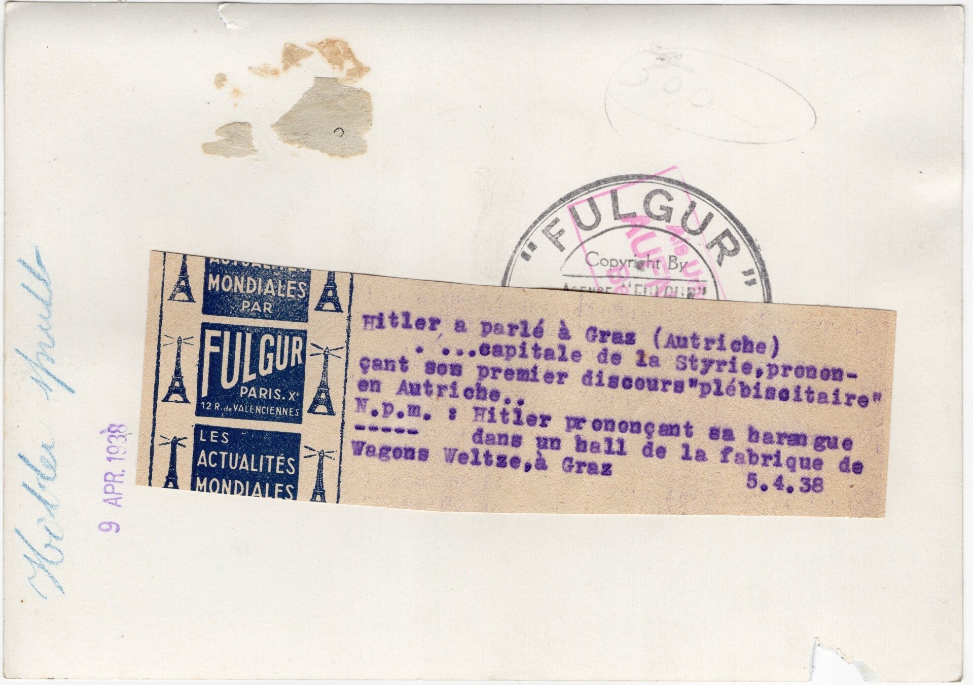 Original WW2 French Press Photo - Adolf Hitler speaking in Graz, Austria (1938) — image 2