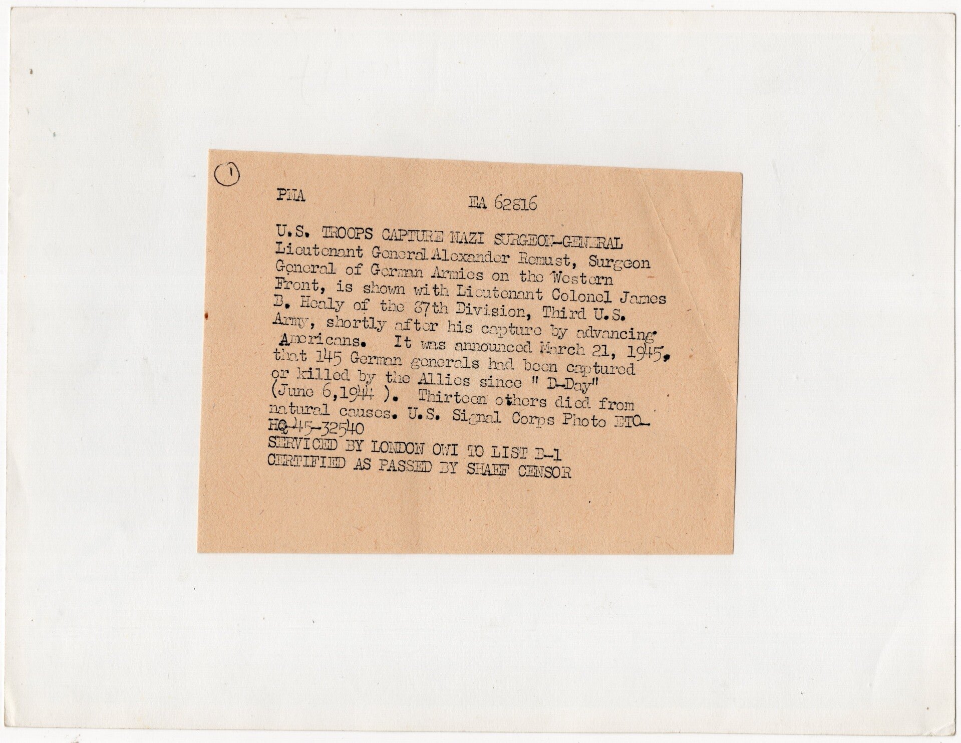 Original WW2 German Press Photo - Lieutenant General Alexander Remust surrenders to the US 87th Division (1945) — image 2